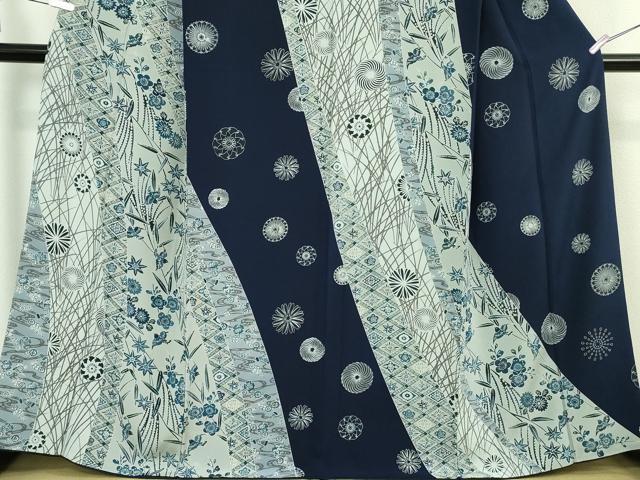 平和屋本店●極上 訪問着 本藍 型染 花鳥文 鬼しぼ縮緬 逸品 DZAB8227kh6