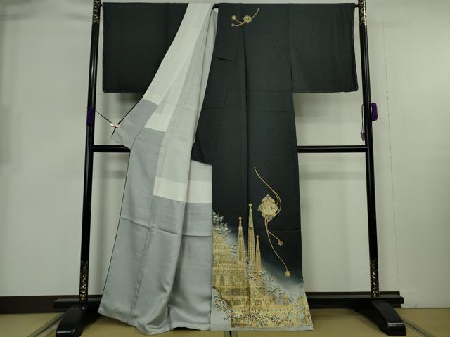 平和屋本店●極上 螺鈿作家 甲斐泰造 訪問着 螺鈿 パール 宮殿 暈し染め 黒地 金彩 銀通し地 逸品 未使用 DZAB8230kh6