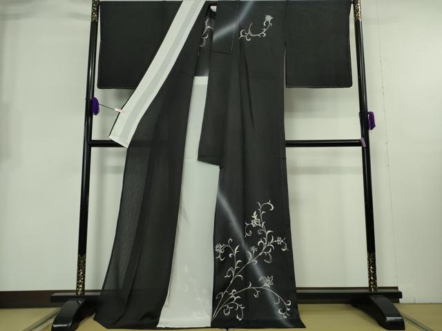 平和屋本店*極上 夏物 訪問着 刺繍 雨縞紋紗 花唐草文 暈し染め 黒地 銀糸 ロング丈 逸品 未使用 DZAB8233kh6