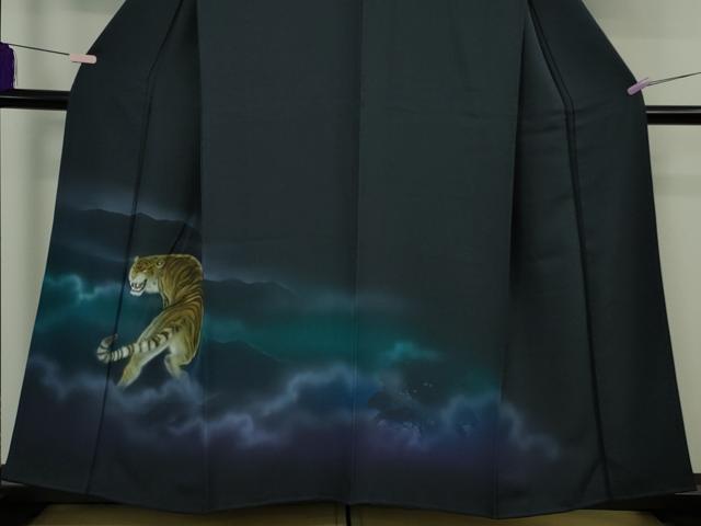 平和屋本店●極上 訪問着・袋帯セット 手描き 虎 トラ 藍鉄色地 暈し染め 逸品 DZAB8235kh6