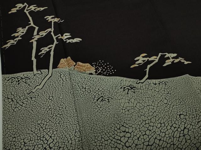 平和屋着物●超希少 染彩芸術の巨匠 皆川月華 ろうけつ染 色留袖 刺繍 風景松文 黒地 金銀糸 逸品 未使用 DZAB8246kh6