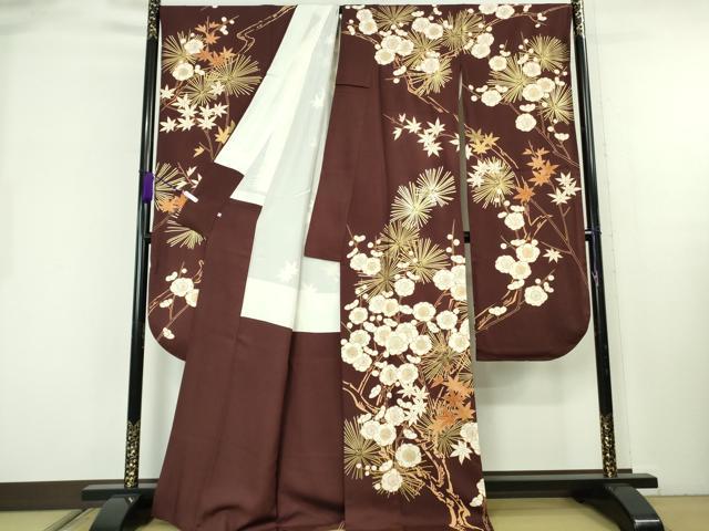 平和屋本店●極上 創業460年・千總 振袖 刺繍 松 梅 楓 赤褐色地 金彩 西武百貨店扱い 反端付き 逸品 DZAB8250kh6
