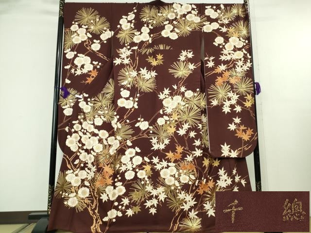 平和屋本店●極上 創業460年・千總 振袖 刺繍 松 梅 楓 赤褐色地 金彩 西武百貨店扱い 反端付き 逸品 DZAB8250kh6