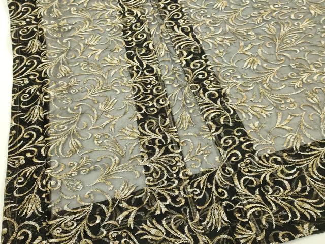 平和屋本店∞極上 BANKANわものや 長羽織 スリーシーズン 春夏秋 塵除け オーガンジー 刺繍 唐草文 黒地 残布付 逸品 DZAB8299kh6