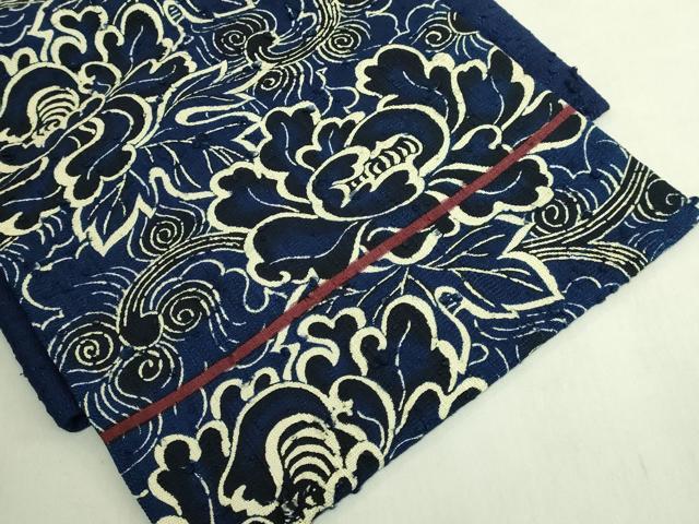 平和屋本店●極上 浦野理一 経節紬 つけ帯 藍染 花唐草 紺色×白色 たとう紙付き 逸品 DZAB8326kh6