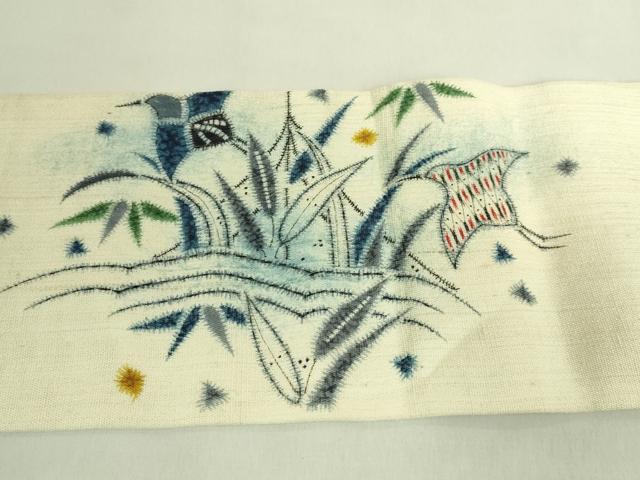 平和屋本店●極上 工芸帯 九寸名古屋帯 スリーシーズン帯 手描き 千鳥 草木 逸品 DZAB8339kh6