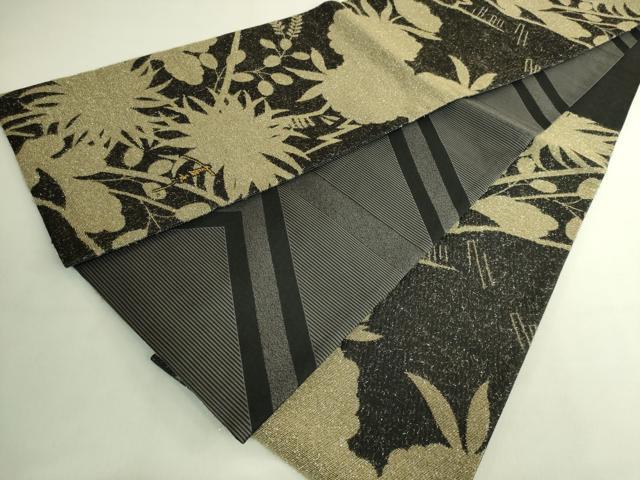 平和屋着物●極上 キモノデザイナー 斉藤上太郎 両面 六通柄袋帯 草木シルエット 黒地 銀糸 逸品 DZAB8347kh6