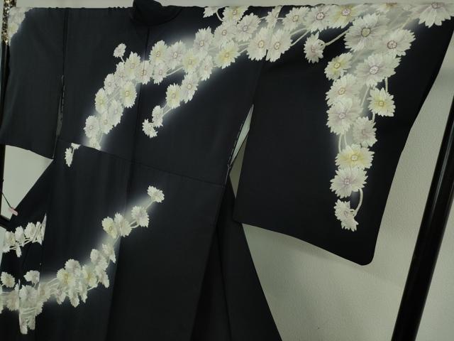 平和屋本店●極上 訪問着 総手刺繍 枝菊 濃紺地 暈し染め 金銀糸 逸品 DZAB8369kh6