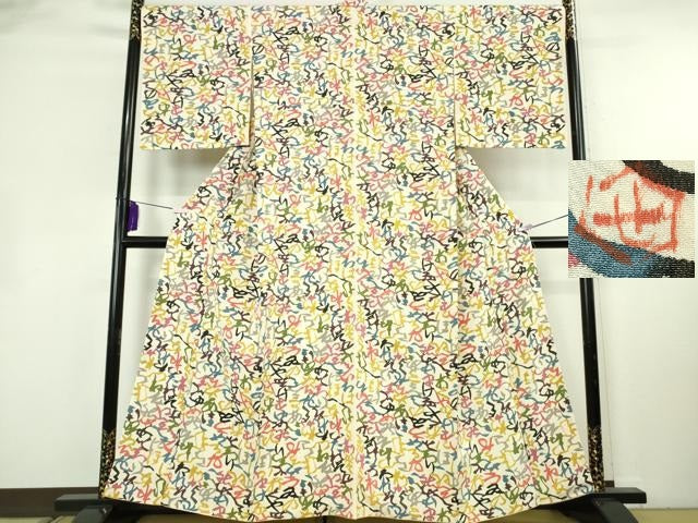 平和屋本店●超希少 人間国宝 芹沢圭介 型絵染 小紋 いろは唄 縮緬地 落款有り 逸品 未使用 DZAB8373kh6