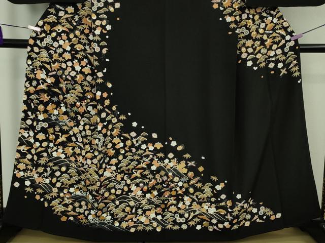 平和屋本店●極上 訪問着 駒刺繍 宝尽くし飛鶴文 黒地 金彩 逸品 DZAB8376kh6