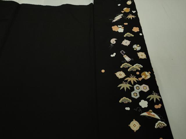 平和屋本店●極上 訪問着 駒刺繍 宝尽くし飛鶴文 黒地 金彩 逸品 DZAB8376kh6