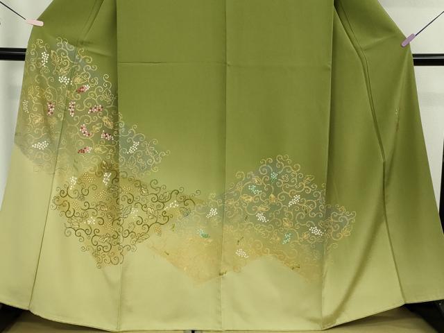 平和屋本店●極上 人間国宝 福田喜三郎 訪問着 刺繍 葡萄唐草文 草色 金彩 縮緬地 大丸扱い 逸品 DZAB8380kh6