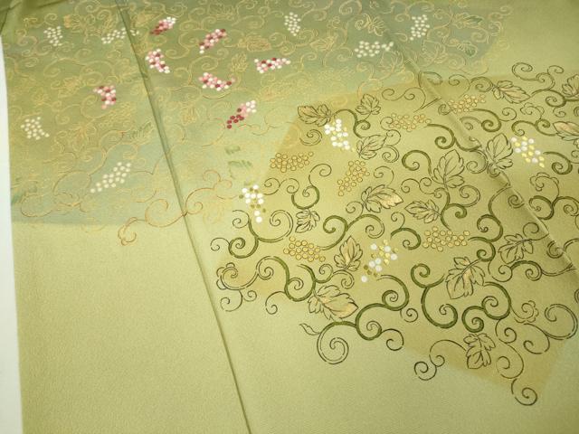 平和屋本店●極上 人間国宝 福田喜三郎 訪問着 刺繍 葡萄唐草文 草色 金彩 縮緬地 大丸扱い 逸品 DZAB8380kh6