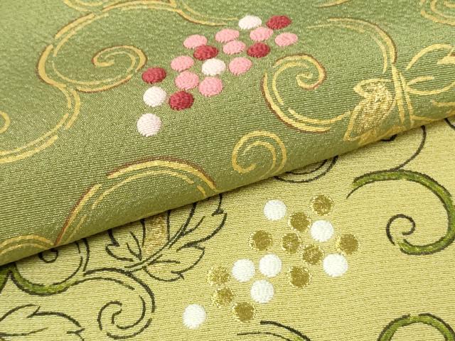 平和屋本店●極上 人間国宝 福田喜三郎 訪問着 刺繍 葡萄唐草文 草色 金彩 縮緬地 大丸扱い 逸品 DZAB8380kh6