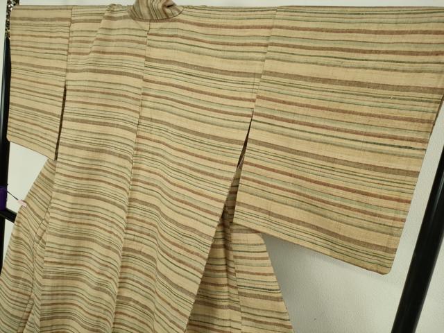 平和屋本店▽極上 郡上紬 草木染 単衣 横縞 逸品 DZAB8390kh6