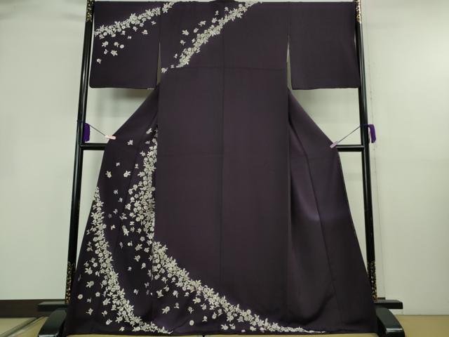 平和屋本店●極上 訪問着 総刺繍 舞花文 濃い深紫色地 暈し染め 金糸 逸品 DZAB8418kh6