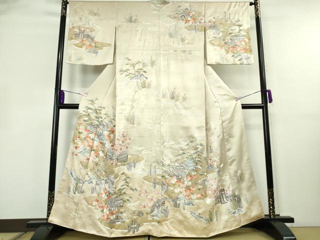 平和屋本店●極上 訪問着 総手刺繍 渡橋風景花文 蒸栗色地 金糸 逸品 DZAB8419kh6