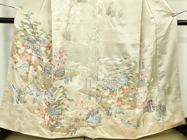 平和屋本店●極上 訪問着 総手刺繍 渡橋風景花文 蒸栗色地 金糸 逸品 DZAB8419kh6