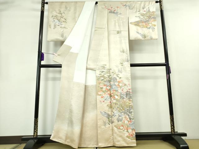 平和屋本店●極上 訪問着 総手刺繍 渡橋風景花文 蒸栗色地 金糸 逸品 DZAB8419kh6
