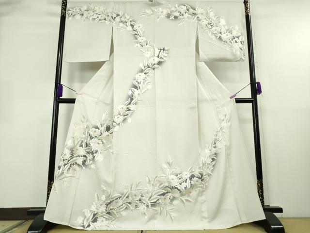 平和屋本店▽極上 訪問着 単衣 総手刺繍 草花文 灰白色地 暈し染め 金糸 逸品 DZAB8420kh6