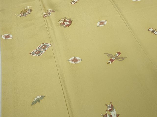 平和屋本店●極上 江戸友禅 小倉貞右 訪問着 駒刺繍 宝尽くし楽器文 淡黄色地 金彩 縮緬 ロング丈 さが美扱い 逸品 DZAB8427kh6