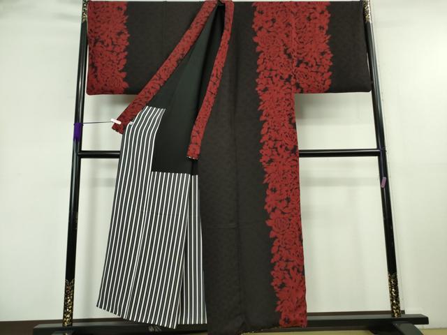 平和屋本店●極上 男性 キモノデザイナー 斉藤上太郎 訪問着 キングサイズ 薔薇 バラ 黒地 逸品 DZAB8444kh6