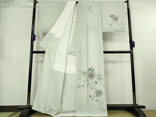 平和屋本店●極上 訪問着・長襦袢(無双仕立て)セット 更紗花文 灰黄緑色地 金彩 反端付き 逸品 未使用 DZAB8480kh6