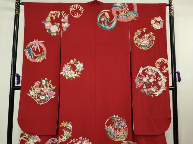 平和屋本店●極上 友禅師 有馬国雄 振袖・長襦袢(無双仕立て)セット 松竹梅 吉祥花丸文 鬼しぼ縮緬 逸品 未使用 DZAB8496kh6