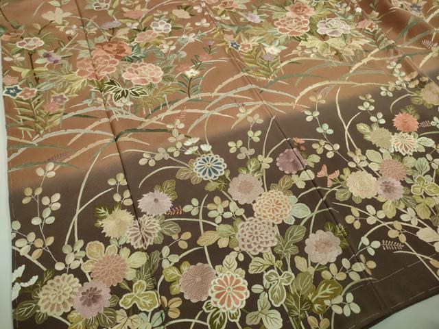 平和屋本店●極上 訪問着 総手刺繍 草花 雪芝 暈し染め 金糸 逸品 未使用 DZAB8506kh6