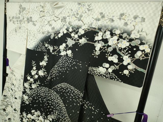 平和屋本店●極上 夢染人 野村一峰 訪問着 枝桜 白×黒 反端付き 逸品 未使用 DZAB8508kh6