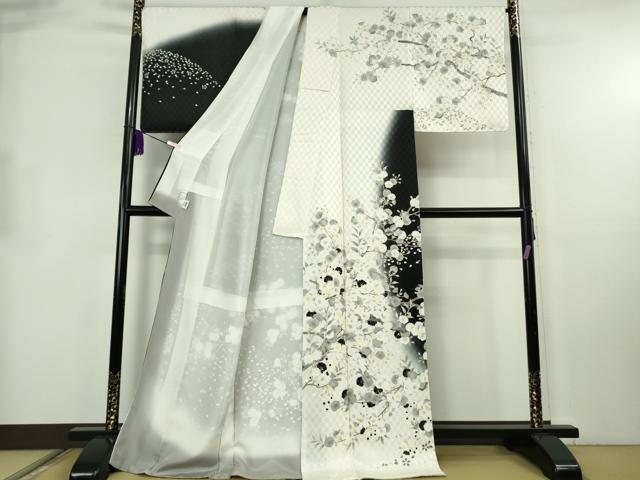 平和屋本店●極上 夢染人 野村一峰 訪問着 枝桜 白×黒 反端付き 逸品 未使用 DZAB8508kh6