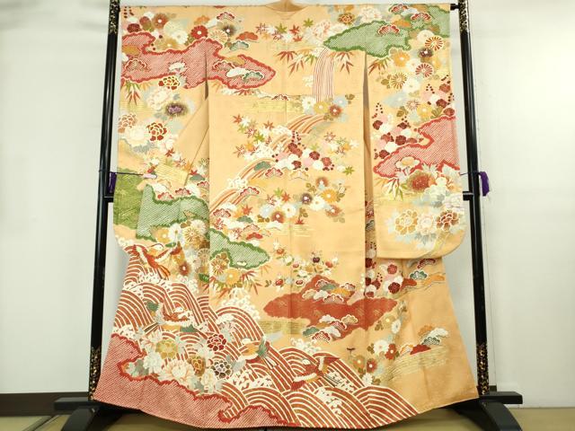 平和屋本店●極上 振袖 駒刺繍 絞り 立波 鳳凰 吉祥花文 萱草色地 金彩 逸品 DZAB8510kh6