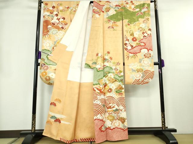 平和屋本店●極上 振袖 駒刺繍 絞り 立波 鳳凰 吉祥花文 萱草色地 金彩 逸品 DZAB8510kh6