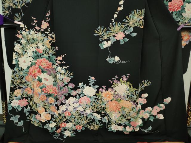 平和屋本店●極上 振袖 友禅 松 梅 乱菊 吉祥花文 黒地 金彩 逸品 DZAB8513kh6