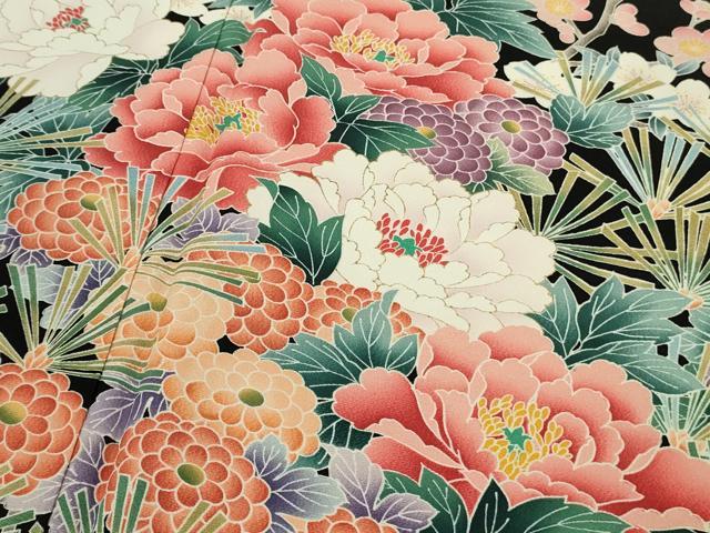 平和屋本店●極上 振袖 友禅 松 梅 乱菊 吉祥花文 黒地 金彩 逸品 DZAB8513kh6