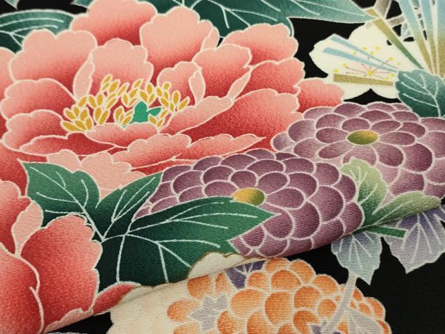 平和屋本店●極上 振袖 友禅 松 梅 乱菊 吉祥花文 黒地 金彩 逸品 DZAB8513kh6