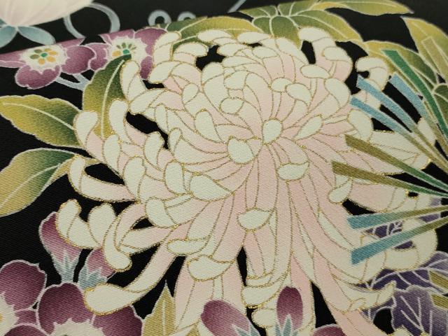 平和屋本店●極上 振袖 友禅 松 梅 乱菊 吉祥花文 黒地 金彩 逸品 DZAB8513kh6