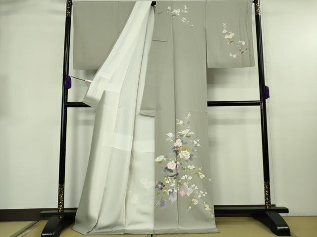 平和屋本店●極上 京加賀友禅 百貫石峰 訪問着 枝花文 濃い絹鼠色地 ロング丈 反端付き 逸品 DZAB8515kh6