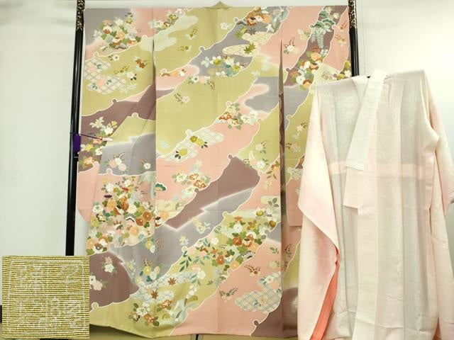 平和屋本店●極上 創業460年・千總 振袖・長襦袢(無双仕立て)セット 駒刺繍 雪輪吉祥花文 金彩 三越扱い 逸品 DZAB8517kh6