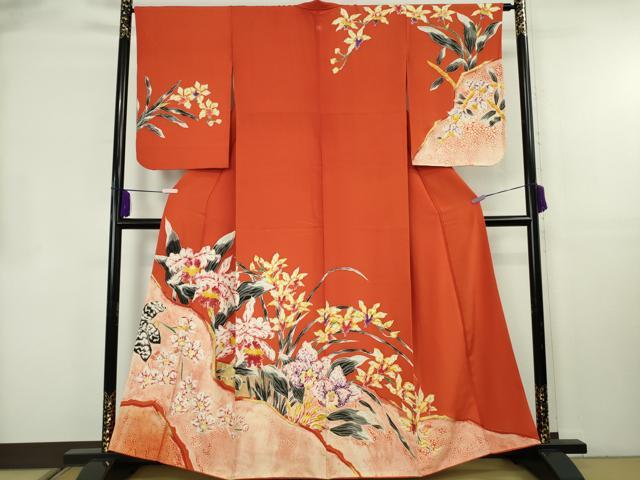 平和屋本店●超希少 染彩芸術の巨匠 皆川月華 ろうけつ染 訪問着 洋花文 金赤色地 金彩 逸品 DZAB8518kh6