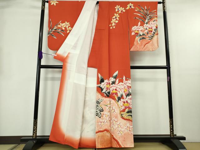 平和屋本店●超希少 染彩芸術の巨匠 皆川月華 ろうけつ染 訪問着 洋花文 金赤色地 金彩 逸品 DZAB8518kh6