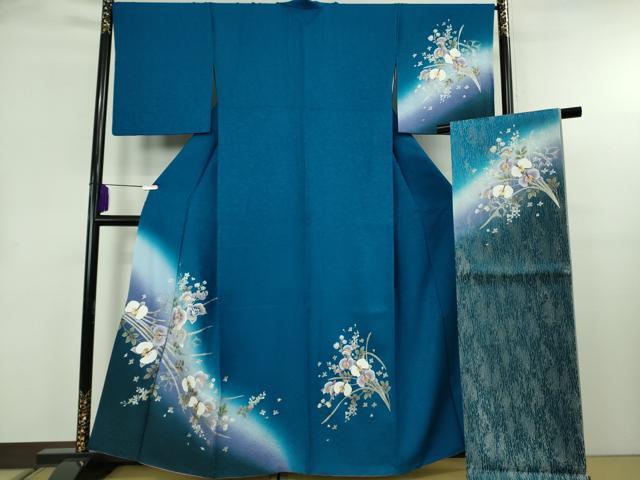 平和屋本店●極上 訪問着・袋帯セット 刺繍 胡蝶蘭 藍色地 暈し染め 金銀彩 逸品 DZAB8519kh6