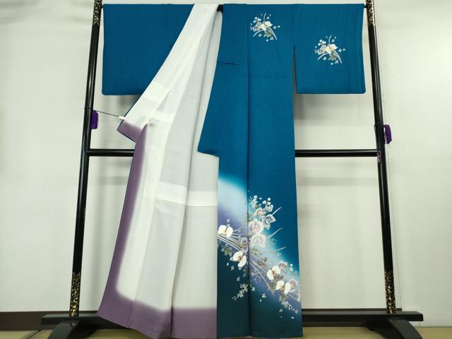 平和屋本店●極上 訪問着・袋帯セット 刺繍 胡蝶蘭 藍色地 暈し染め 金銀彩 逸品 DZAB8519kh6