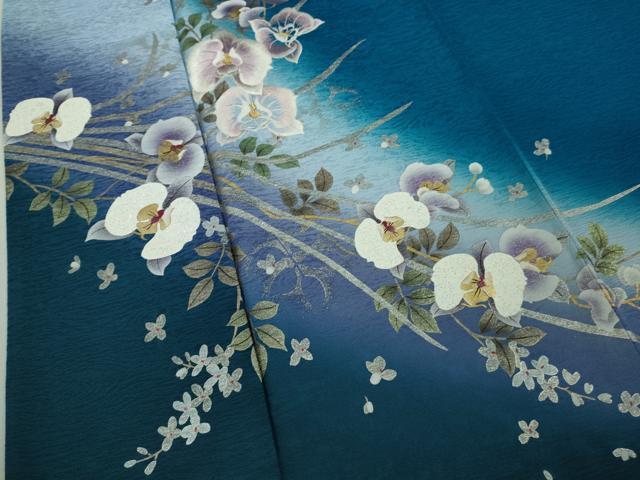 平和屋本店●極上 訪問着・袋帯セット 刺繍 胡蝶蘭 藍色地 暈し染め 金銀彩 逸品 DZAB8519kh6