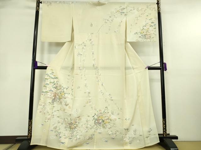 平和屋本店*極上 夏物 訪問着 絽 枝垂れ花 立波風景 薄い蒸栗色地 金彩 逸品 DZAB8543kh6