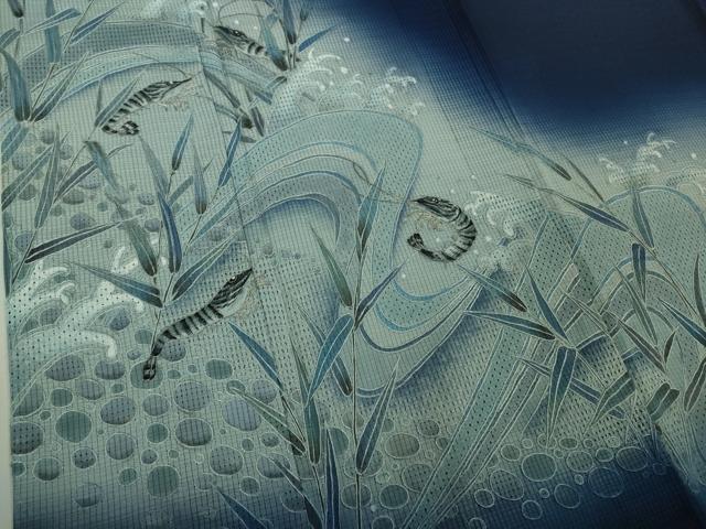 平和屋本店*極上 夏物 中国三大刺繍 スワトウ刺繍 汕頭刺繍 手刺繍 訪問着 紗 海老 立波葉文 鉄紺色地 暈し染め 銀糸 逸品 DZAB8544kh6