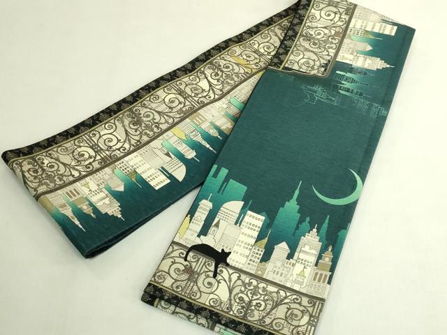 平和屋着物●極上 両面 半幅帯 WAKKA ワッカ 猫 三日月 網目花文 アーバンキャット 逸品 未使用 DZAB8601kh6