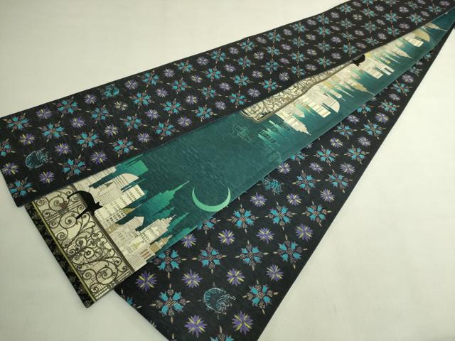 平和屋着物●極上 両面 半幅帯 WAKKA ワッカ 猫 三日月 網目花文 アーバンキャット 逸品 未使用 DZAB8601kh6