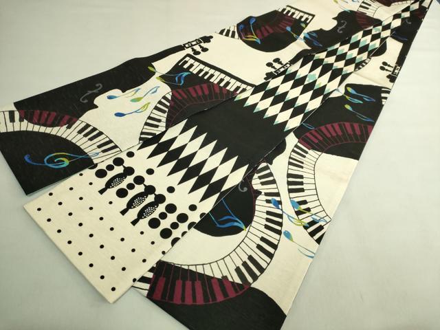 平和屋着物●極上 両面 半幅帯 WAKKA ワッカ 音符 ピアノ 啄木鳥 逸品 DZAB8606kh6