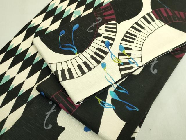 平和屋着物●極上 両面 半幅帯 WAKKA ワッカ 音符 ピアノ 啄木鳥 逸品 DZAB8606kh6